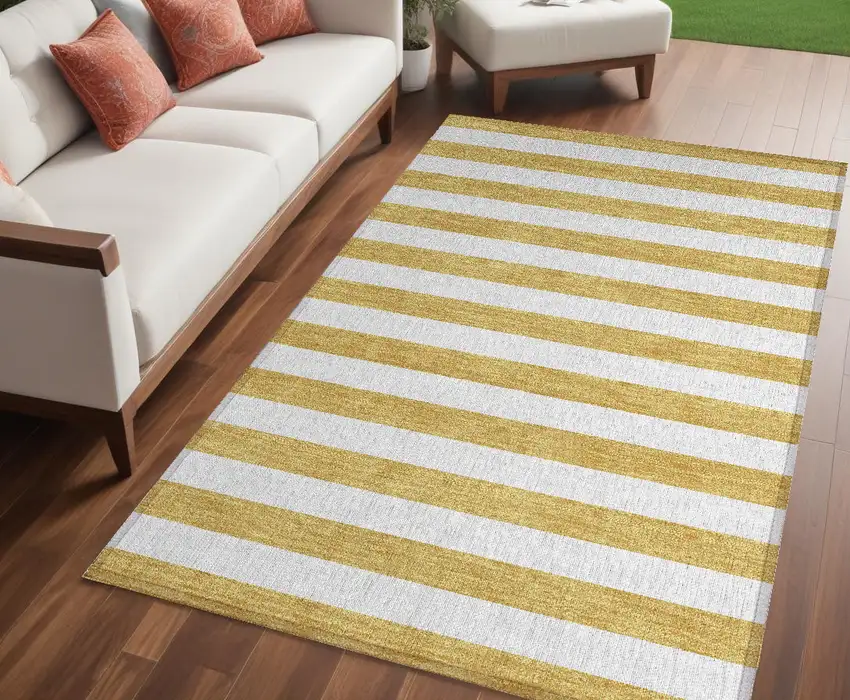 Gold Striped Washable Non Skid Indoor Outdoor Area Rug Photo 1