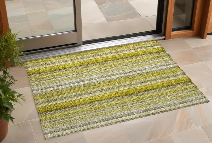 Gold Striped Washable Non Skid Indoor Outdoor Area Rug Photo 1
