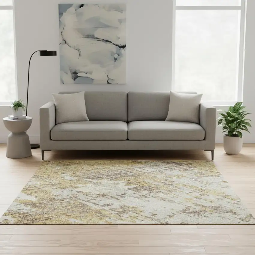 Gold Taupe And Beige Abstract Washable Area Rug With UV Protection Photo 2