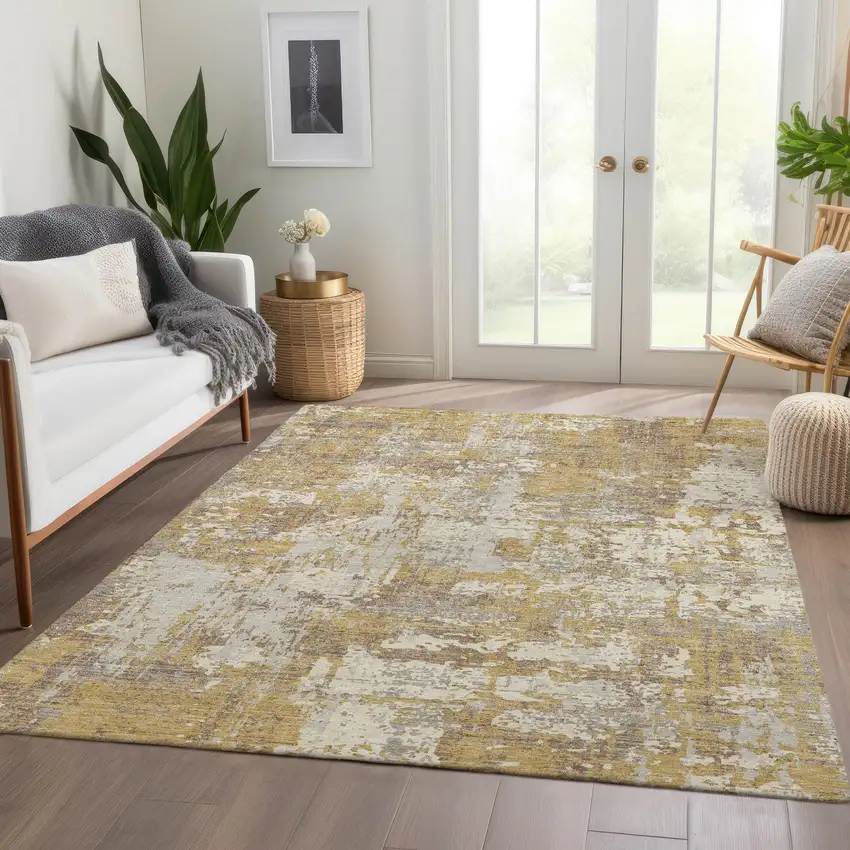 Gold Taupe And Beige Abstract Washable Area Rug With UV Protection Photo 4