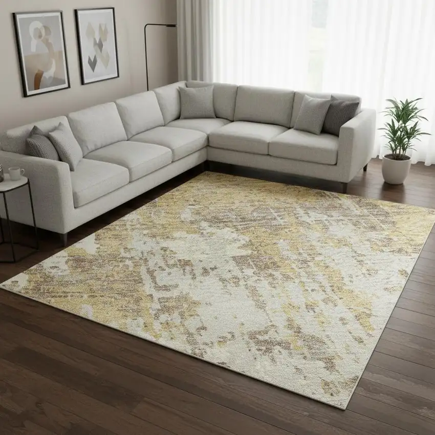 Gold Taupe And Beige Abstract Washable Area Rug With UV Protection Photo 2