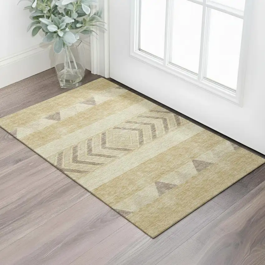 Gold Taupe And Beige Southwestern Washable Area Rug With UV Protection Photo 2