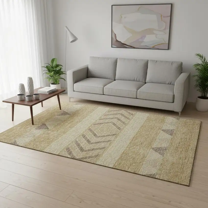 Gold Taupe And Beige Southwestern Washable Area Rug With UV Protection Photo 2