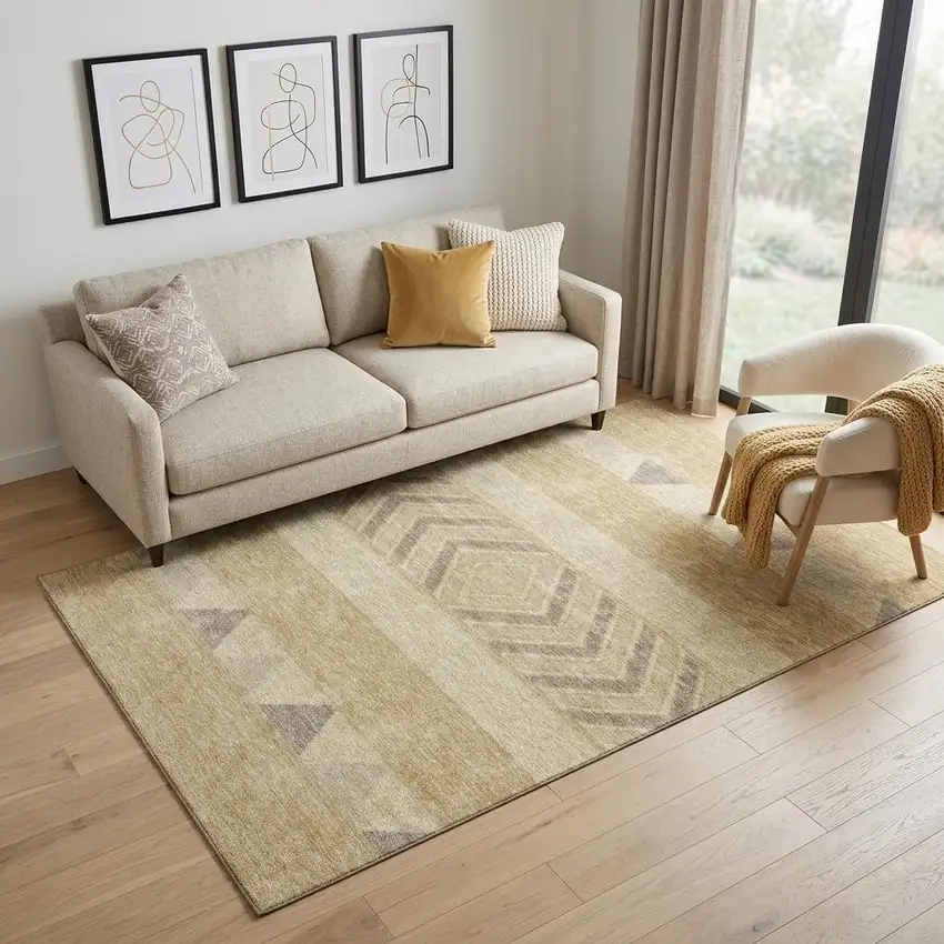 Gold Taupe And Beige Southwestern Washable Area Rug With UV Protection Photo 1