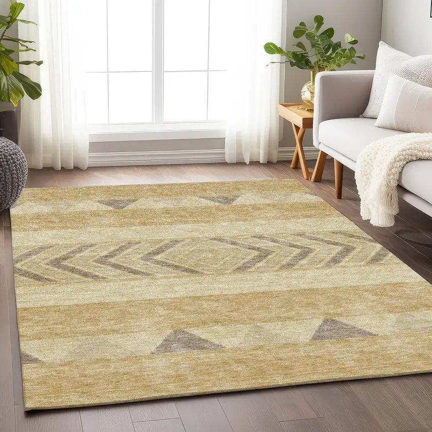 Gold Taupe And Beige Southwestern Washable Area Rug With UV Protection Photo 4