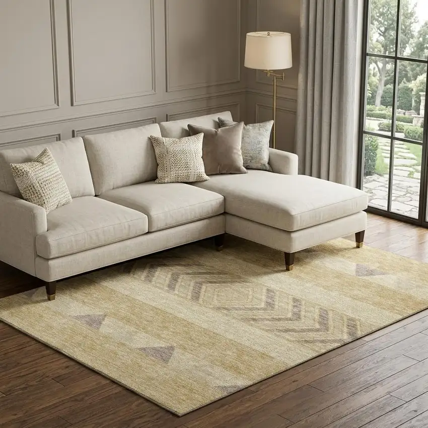 Gold Taupe And Beige Southwestern Washable Area Rug With UV Protection Photo 1