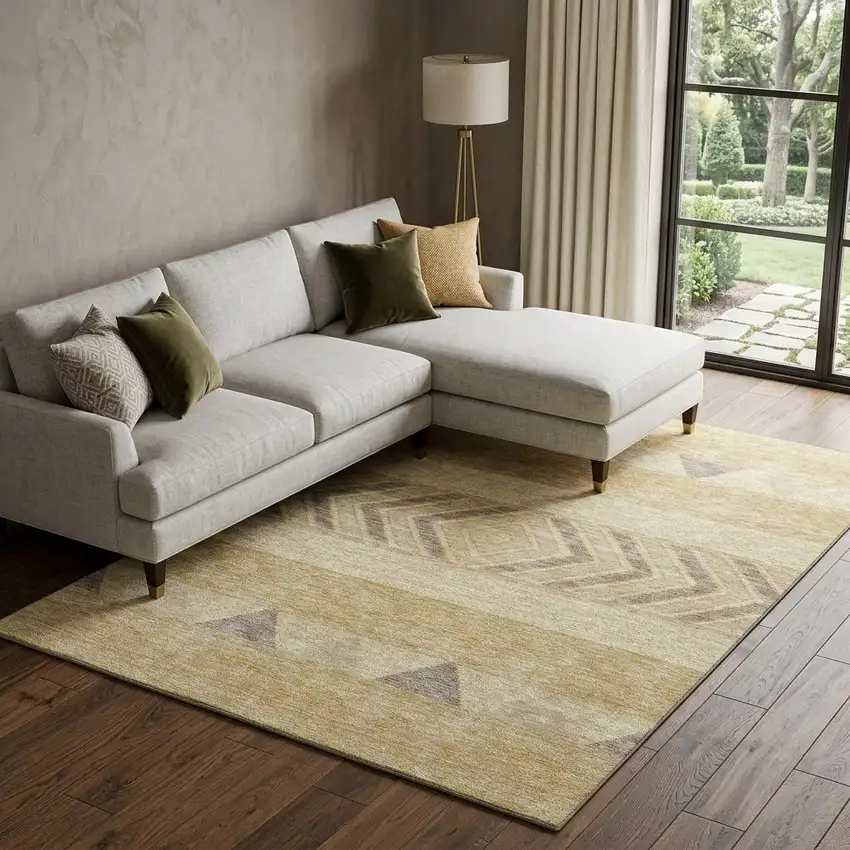 Gold Taupe And Beige Southwestern Washable Area Rug With UV Protection Photo 1