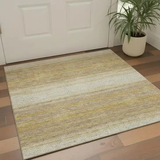 Gold Taupe And Ivory Striped Washable Area Rug With UV Protection Photo 2