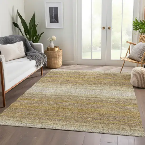 Gold Taupe And Ivory Striped Washable Area Rug With UV Protection Photo 5