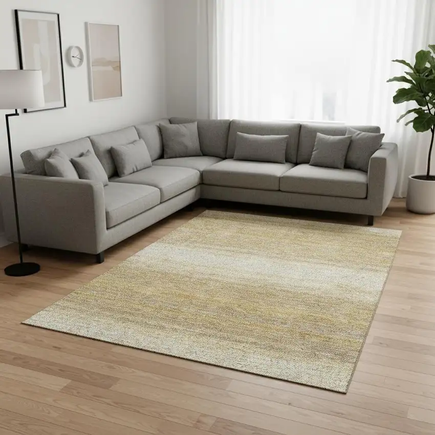 Gold Taupe And Ivory Striped Washable Area Rug With UV Protection Photo 2