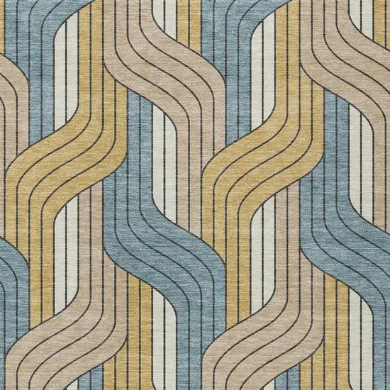 Gold Teal Blue And Beige Striped Washable Indoor Outdoor Area Rug Photo 2
