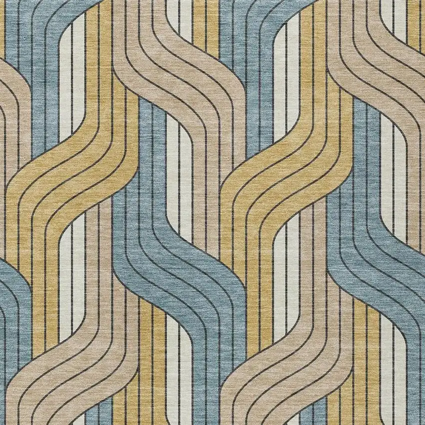 Gold Teal Blue And Beige Striped Washable Indoor Outdoor Area Rug Photo 2