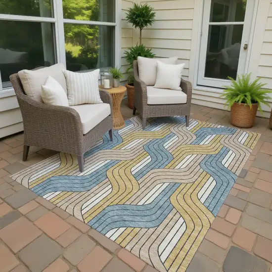 Gold Teal Blue And Beige Striped Washable Indoor Outdoor Area Rug Photo 4