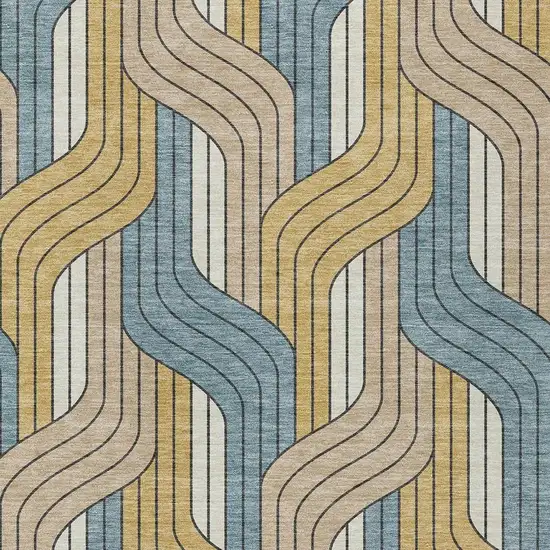 Gold Teal Blue And Beige Striped Washable Indoor Outdoor Area Rug Photo 2