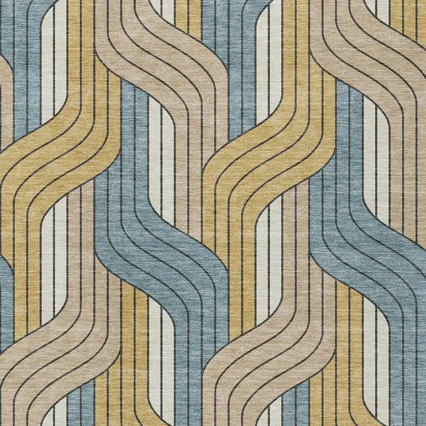 Gold Teal Blue And Beige Striped Washable Indoor Outdoor Area Rug Photo 2