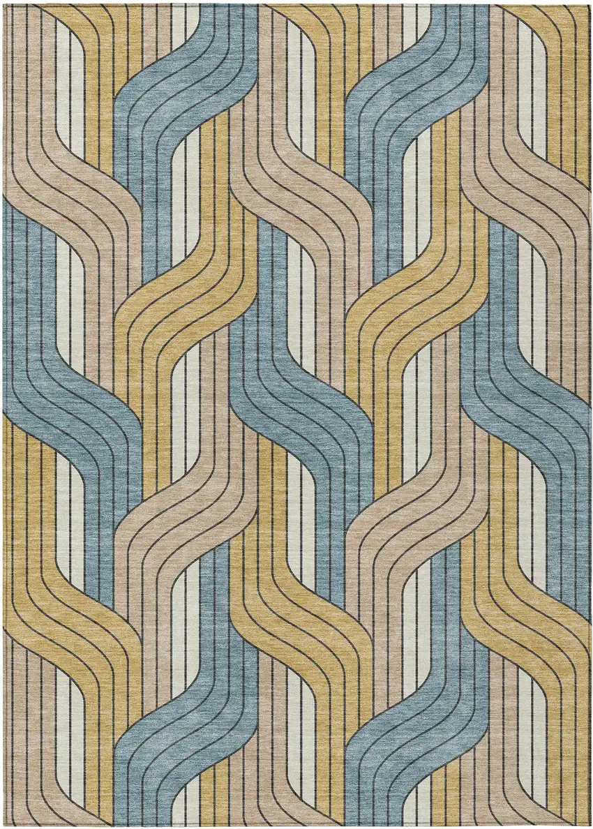 Gold Teal Blue And Beige Striped Washable Indoor Outdoor Area Rug Photo 1