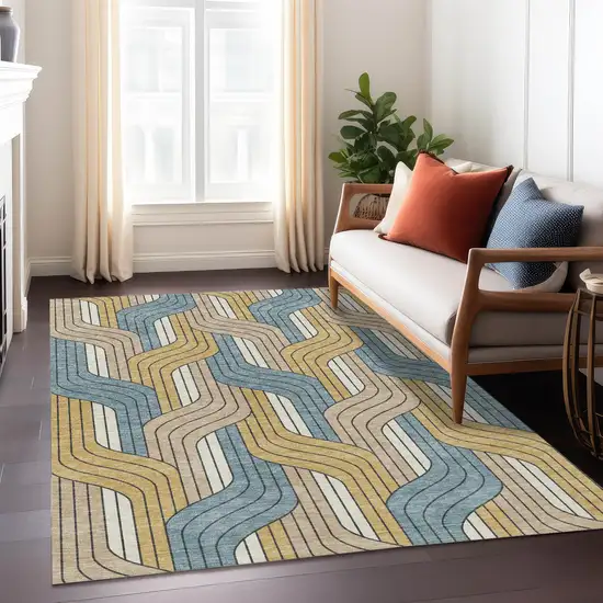 Gold Teal Blue And Beige Striped Washable Indoor Outdoor Area Rug Photo 6