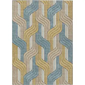 Photo of Gold Teal Blue And Beige Striped Washable Indoor Outdoor Area Rug