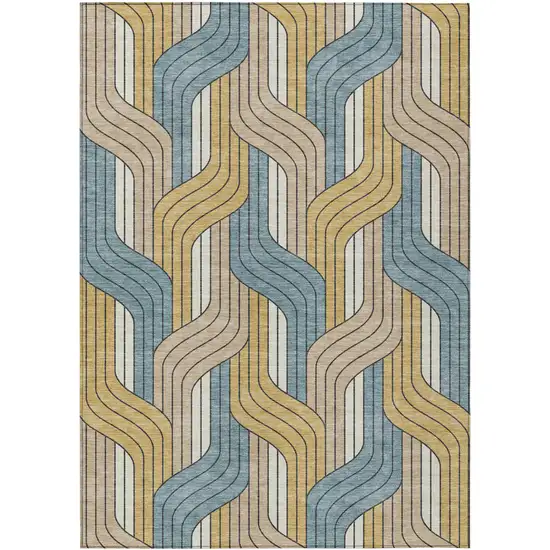 Gold Teal Blue And Beige Striped Washable Indoor Outdoor Area Rug Photo 1
