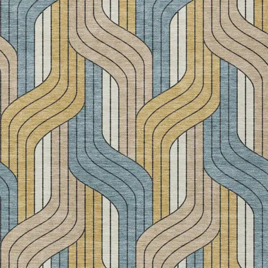 Gold Teal Blue And Beige Striped Washable Indoor Outdoor Area Rug Photo 2