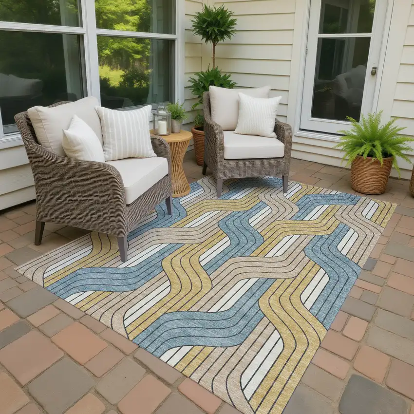 Gold Teal Blue And Beige Striped Washable Indoor Outdoor Area Rug Photo 4