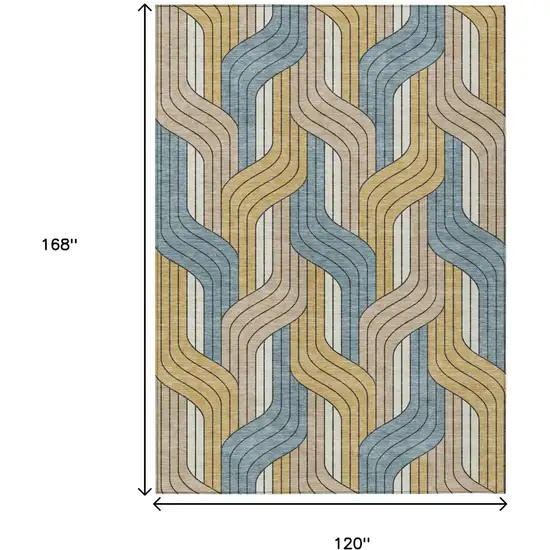 Gold Teal Blue And Beige Striped Washable Indoor Outdoor Area Rug Photo 7