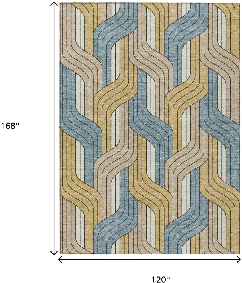 Gold Teal Blue And Beige Striped Washable Indoor Outdoor Area Rug Photo 7