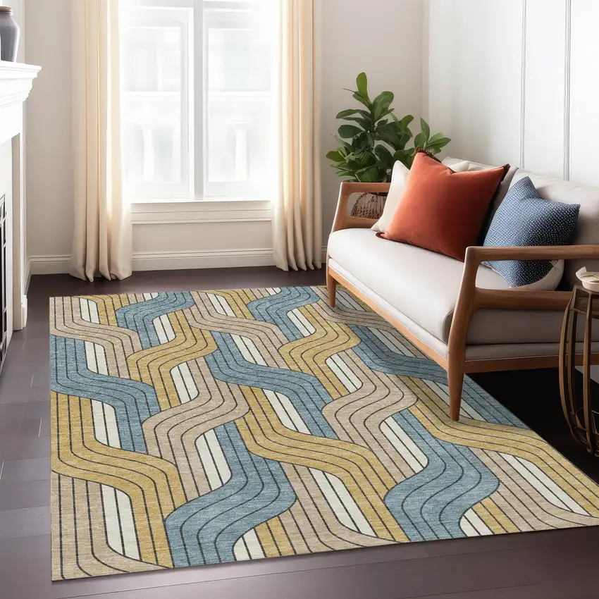 Gold Teal Blue And Beige Striped Washable Indoor Outdoor Area Rug Photo 6