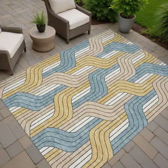 Gold Teal Blue And Beige Striped Washable Indoor Outdoor Area Rug Photo 7