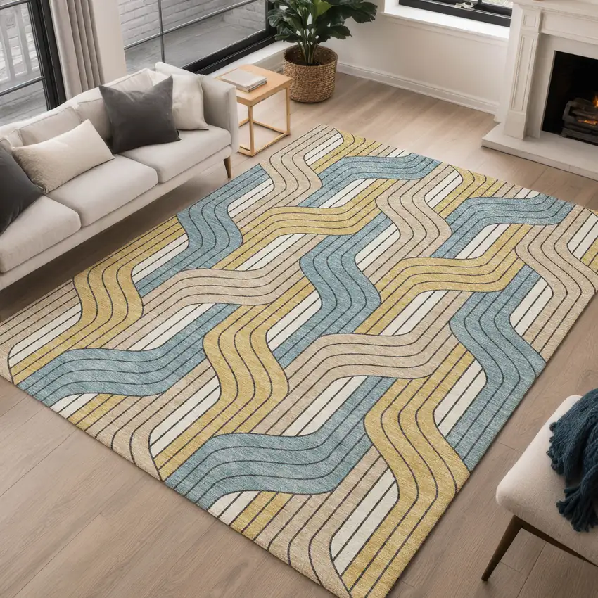 Gold Teal Blue And Beige Striped Washable Indoor Outdoor Area Rug Photo 5