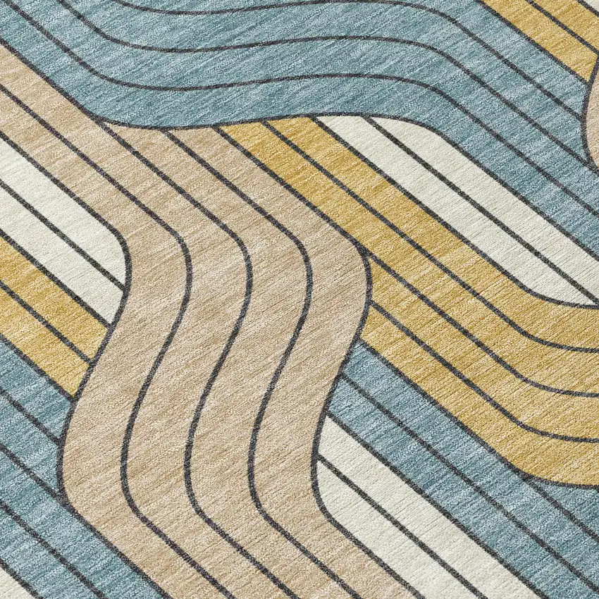 Gold Teal Blue And Beige Striped Washable Indoor Outdoor Area Rug Photo 6