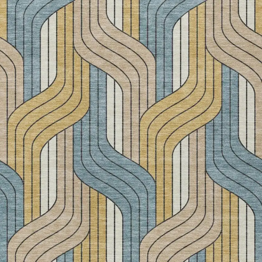 Gold Teal Blue And Beige Striped Washable Indoor Outdoor Area Rug Photo 2