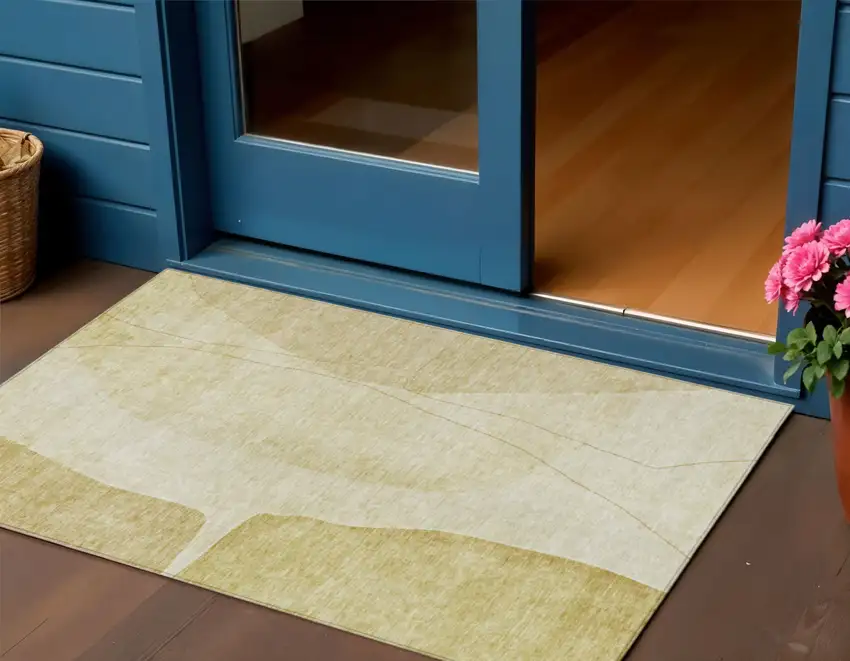 Gold Wheat And Beige Abstract Washable Indoor Outdoor Area Rug Photo 1