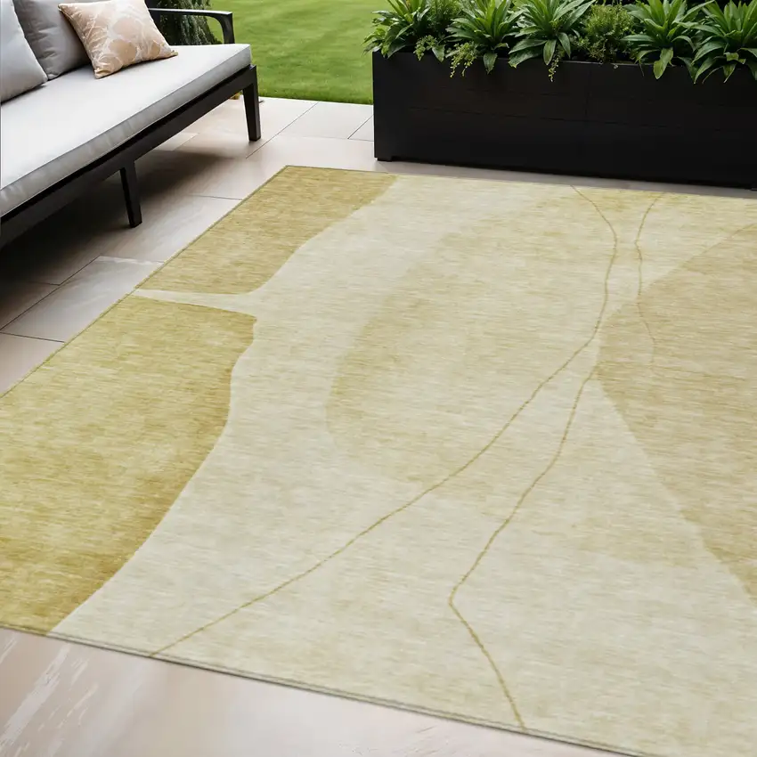 Gold Wheat And Beige Abstract Washable Indoor Outdoor Area Rug Photo 1