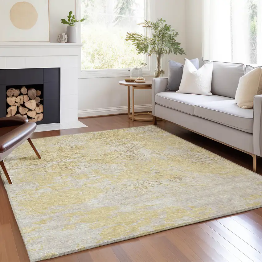 Gold Wheat And Beige Floral Washable Indoor Outdoor Area Rug Photo 8