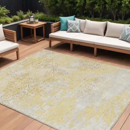 Gold Wheat And Beige Floral Washable Indoor Outdoor Area Rug Photo 1