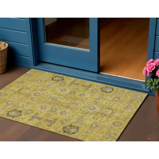 Gold Wheat And Gray Oriental Washable Indoor Outdoor Area Rug Photo 1