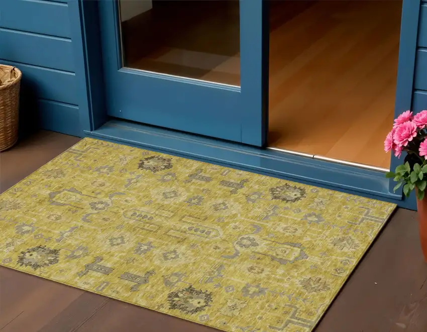 Gold Wheat And Gray Oriental Washable Indoor Outdoor Area Rug Photo 1