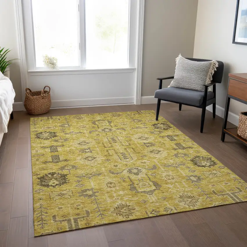 Gold Wheat And Gray Oriental Washable Indoor Outdoor Area Rug Photo 8