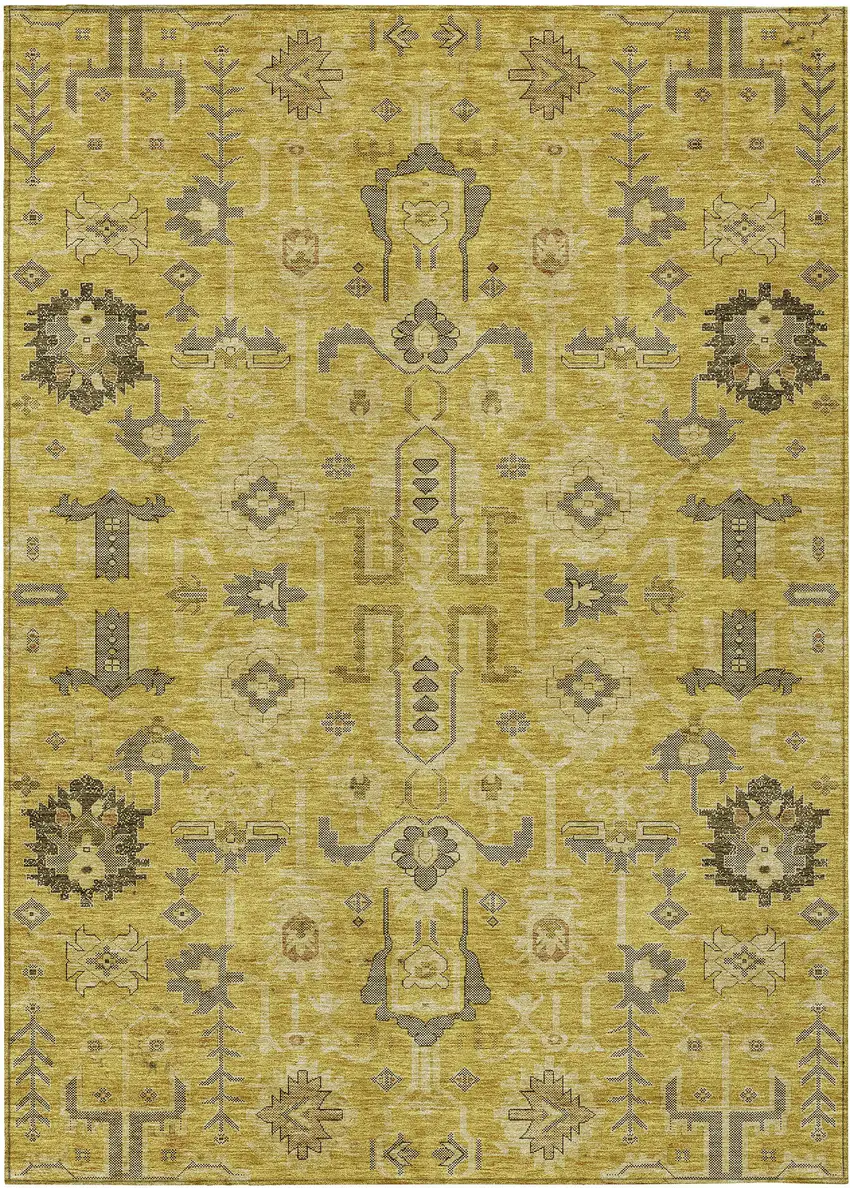 Gold Wheat And Gray Oriental Washable Indoor Outdoor Area Rug Photo 1