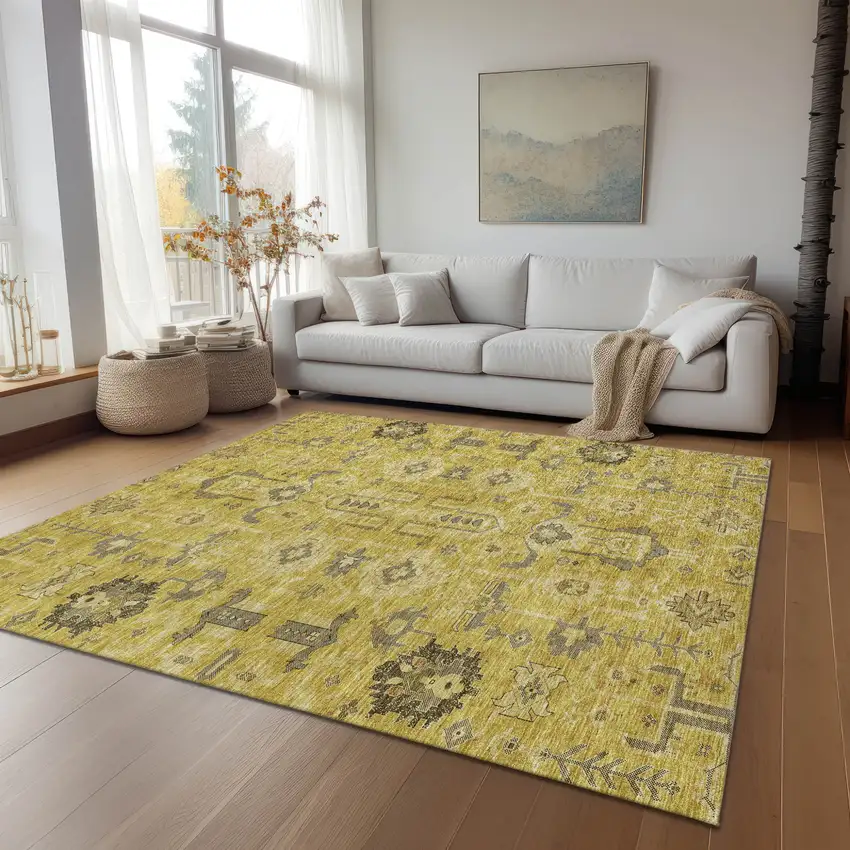 Gold Wheat And Gray Oriental Washable Indoor Outdoor Area Rug Photo 9