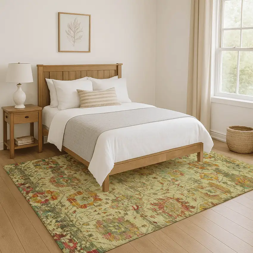 Gold Wheat And Green Oriental Washable Area Rug With UV Protection Photo 5