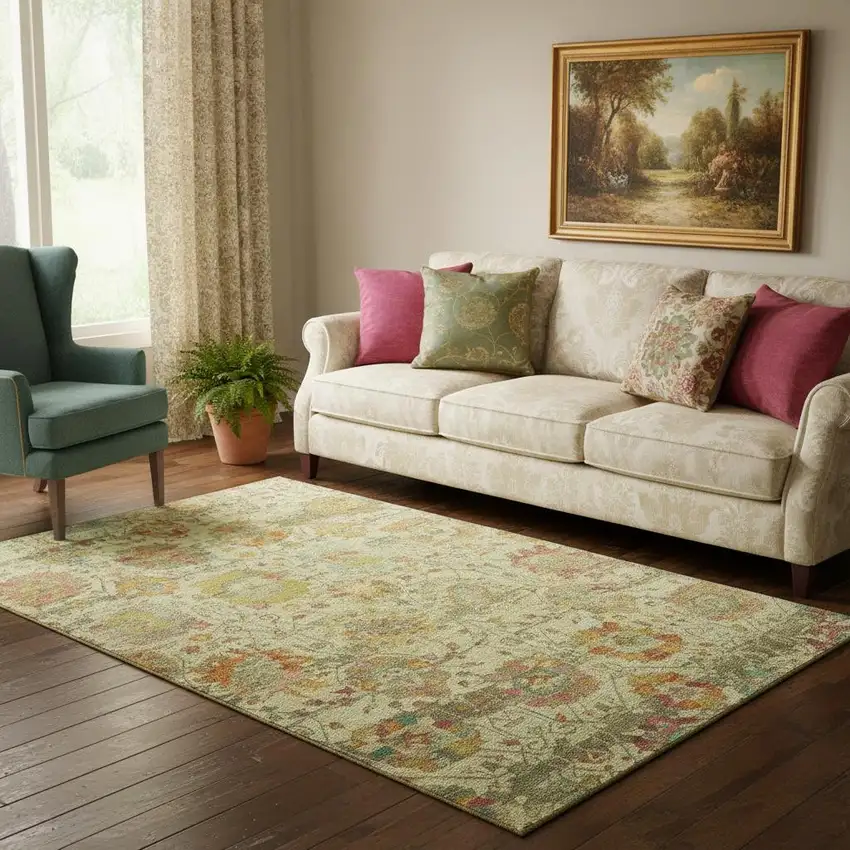 Gold Wheat And Green Oriental Washable Area Rug With UV Protection Photo 2