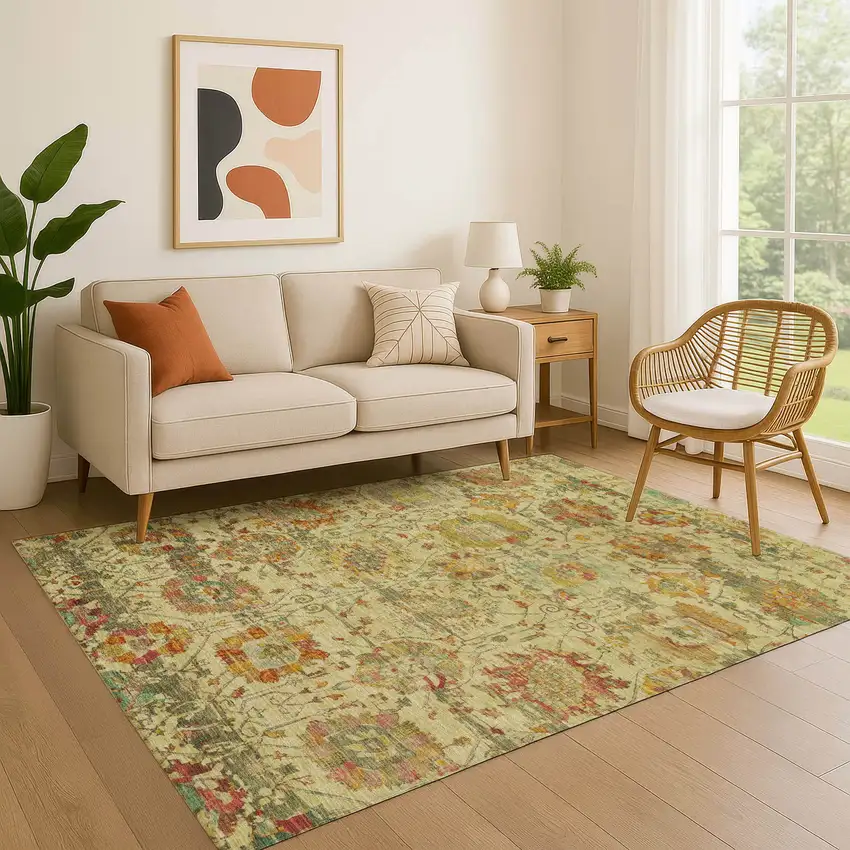Gold Wheat And Green Oriental Washable Area Rug With UV Protection Photo 4