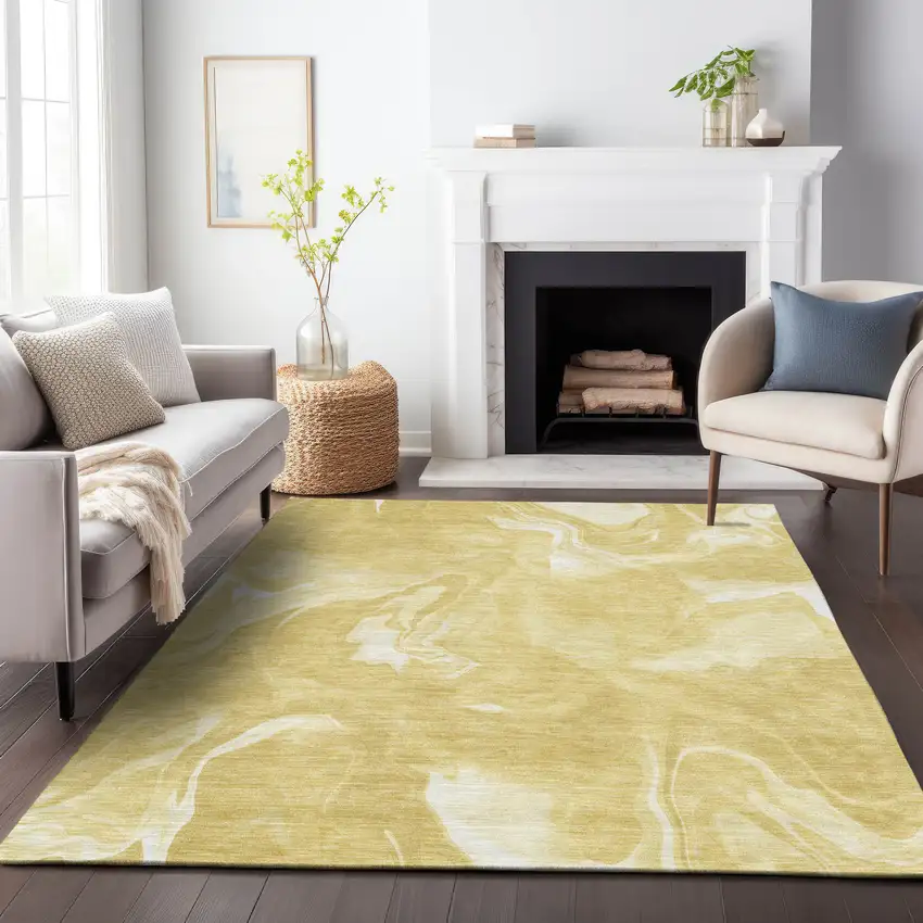 Gold Wheat And Ivory Abstract Washable Indoor Outdoor Area Rug Photo 9