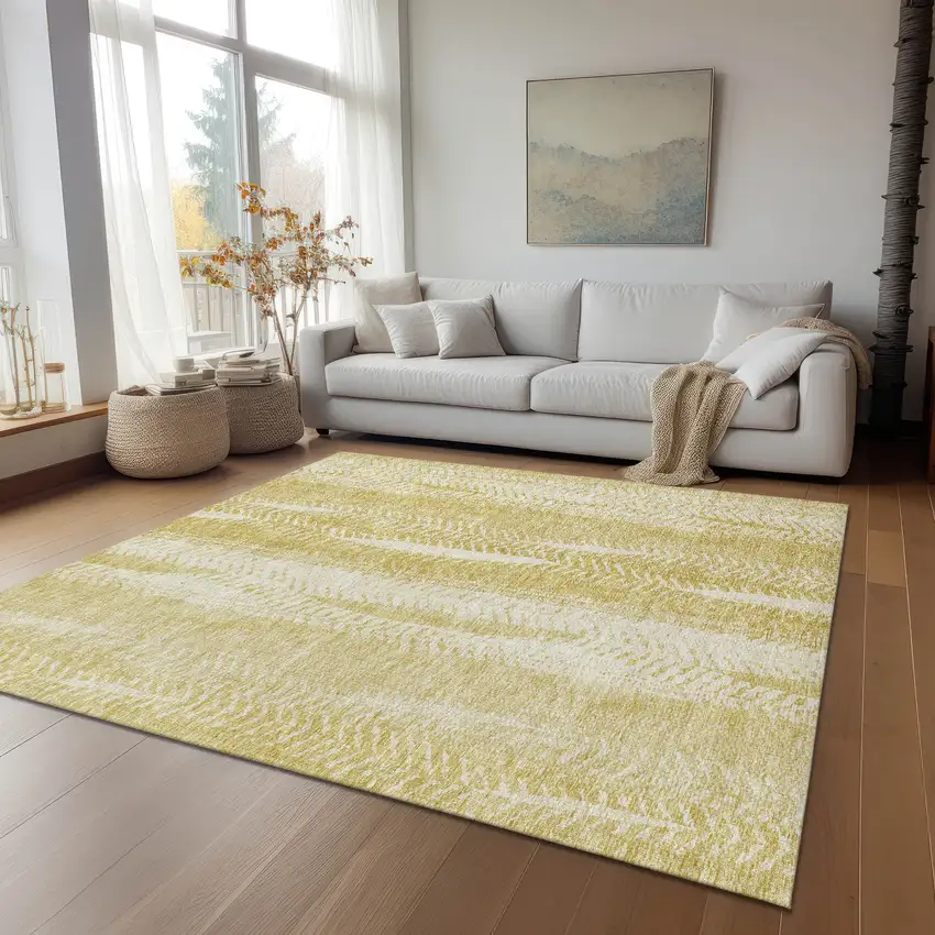 Gold Wheat And Ivory Botanical Leaves Washable Indoor Outdoor Area Rug Photo 9