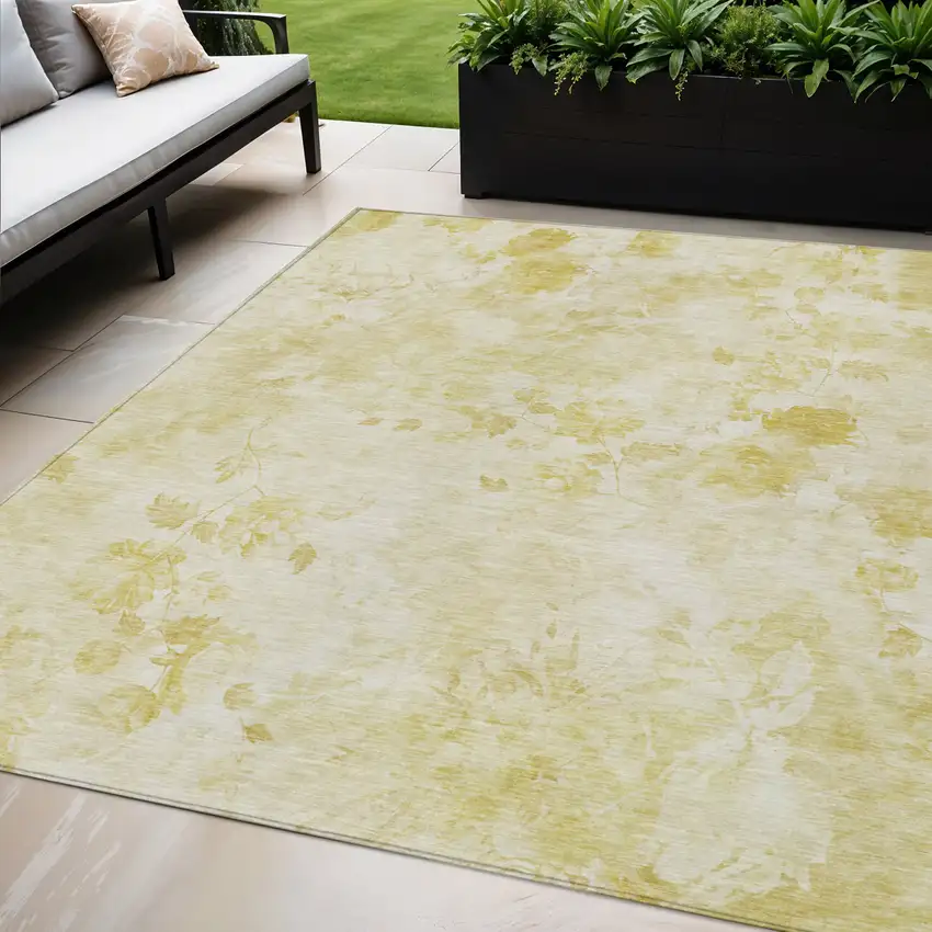 Gold Wheat And Ivory Floral Washable Indoor Outdoor Area Rug Photo 1
