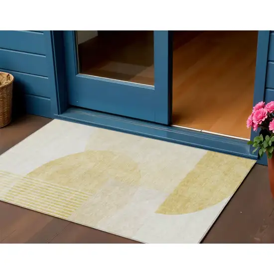Gold Wheat And Ivory Geometric Washable Indoor Outdoor Area Rug Photo 1