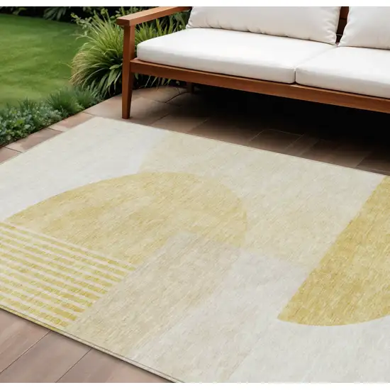 Gold Wheat And Ivory Geometric Washable Indoor Outdoor Area Rug Photo 1