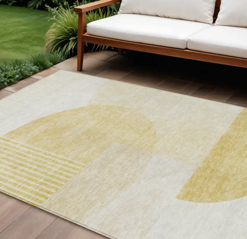Gold Wheat And Ivory Geometric Washable Indoor Outdoor Area Rug Photo 1